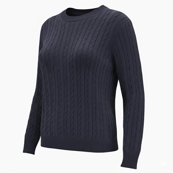 Nais Sweaters - PURE COTTON NAVY CREW NECK CABLE KNIT SWEATER BY NAIS PARIS